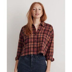 Madewell Womens Flannel Long-Sleeve Crop Shirt in Plaid Orange Black Soft Cotton